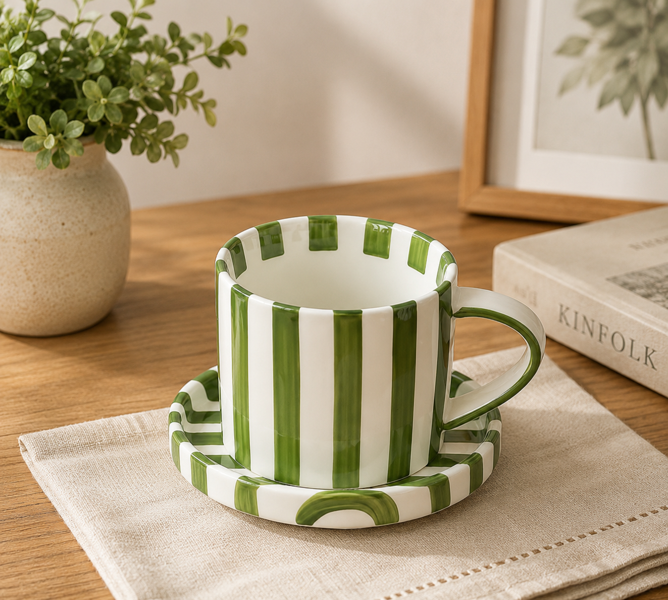 Taza Con Plato Rayas Verde 250ml