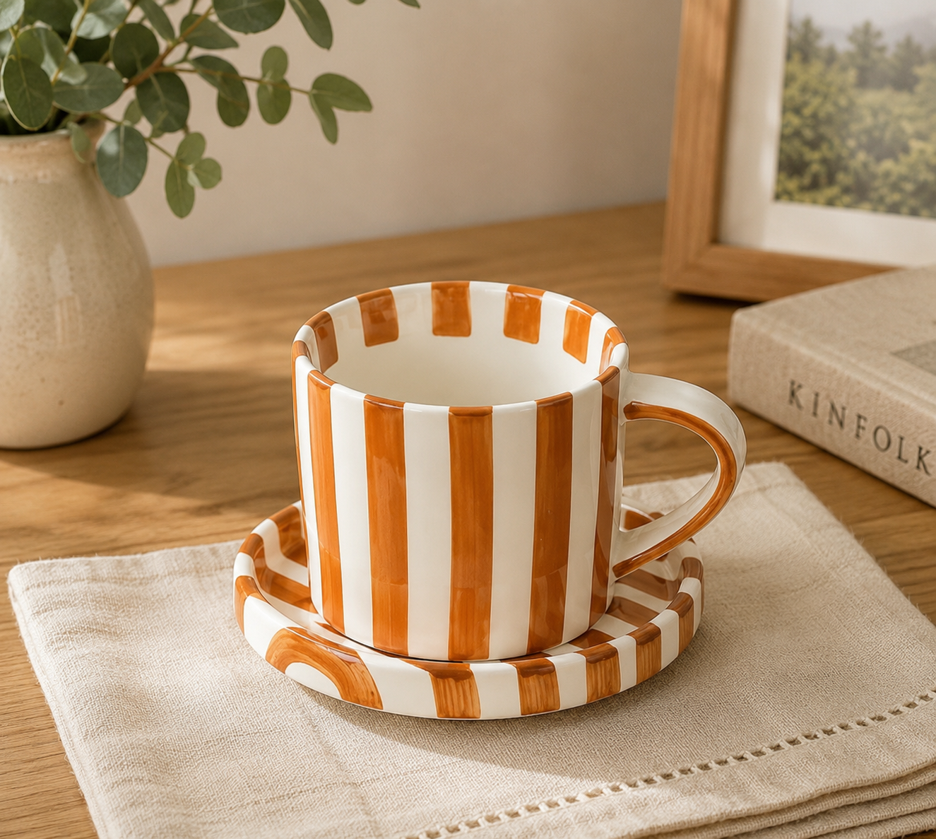 Taza Con Plato Rayas Marrón 250ml