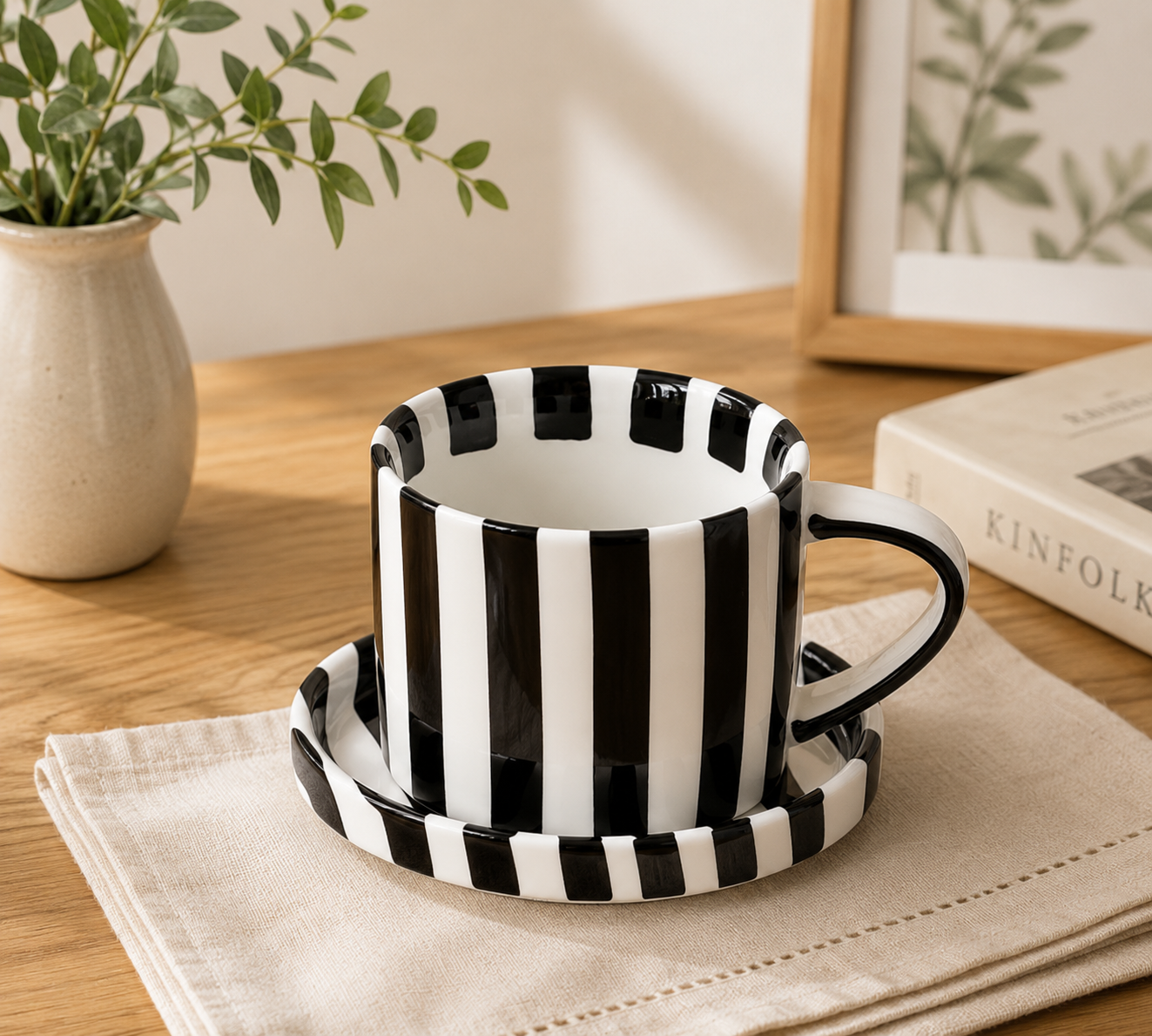 Taza Con Plato Rayas Negro 250ml