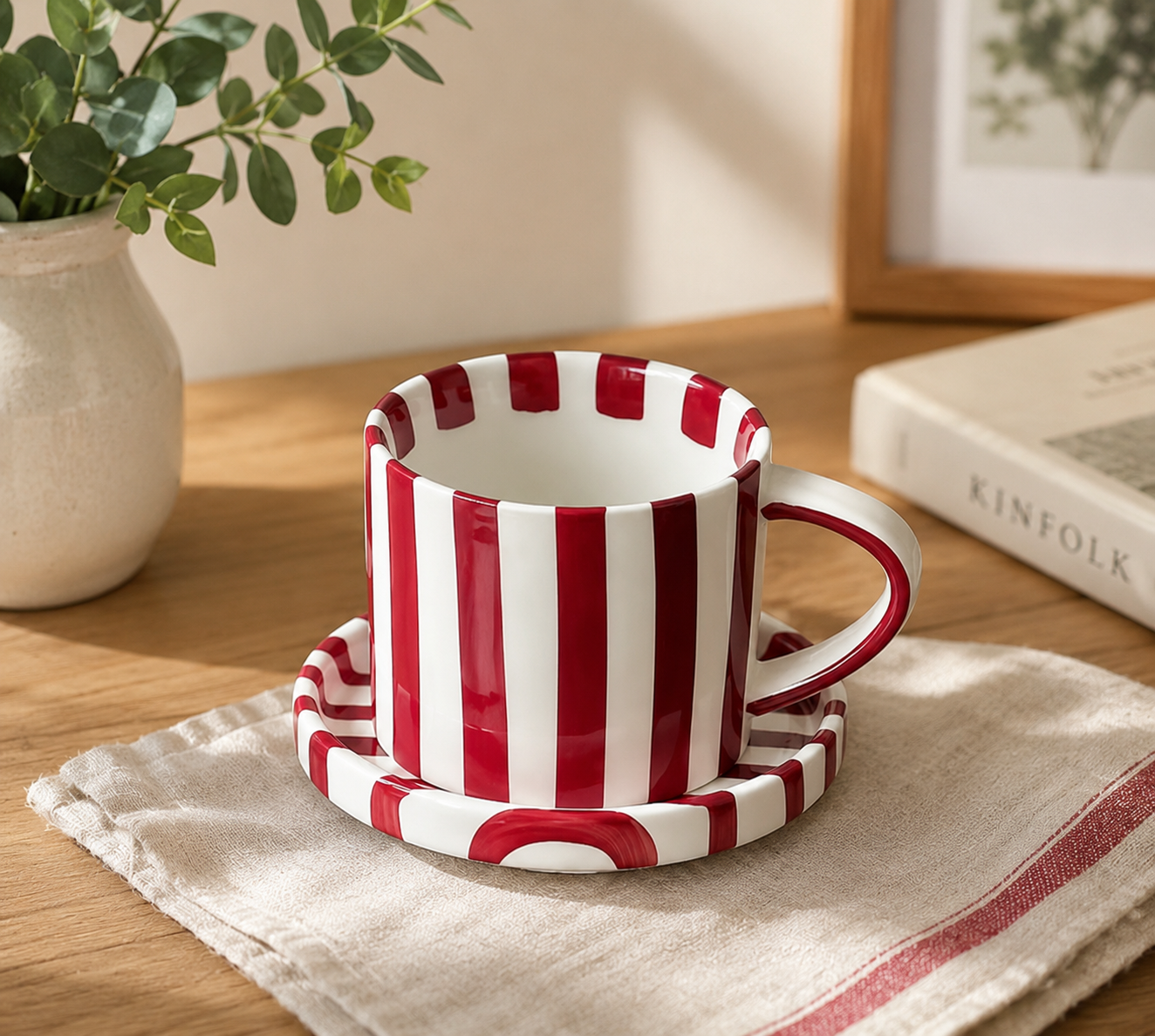 Taza Con Plato Rayas Rojo 250ml