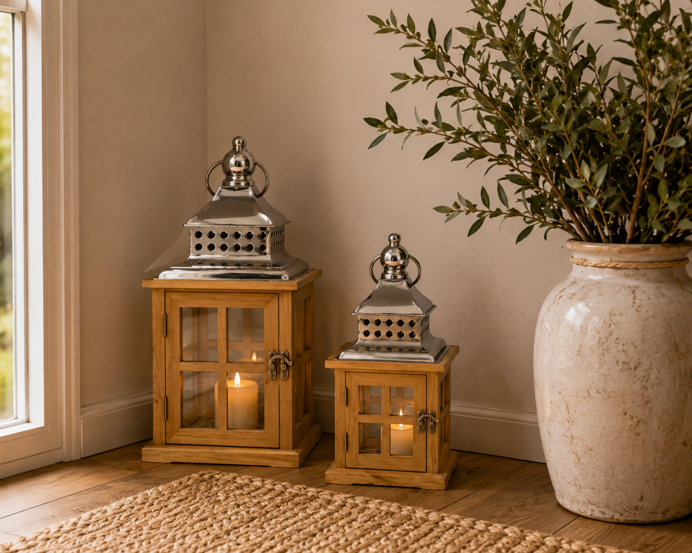 Farol Decorativo Madera Miel Set 2 Unidades