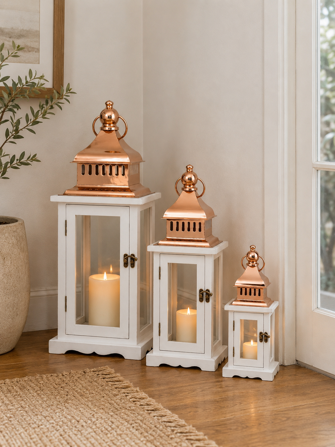 Farol Decorativo Madera Blanco Set 3 Unidades