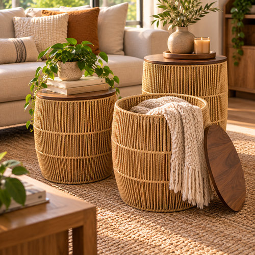 Set De Mesitas Cesto Con Tapa De Madera 3ud