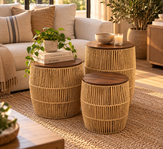 Set De Mesitas Cesto Con Tapa De Madera 3ud