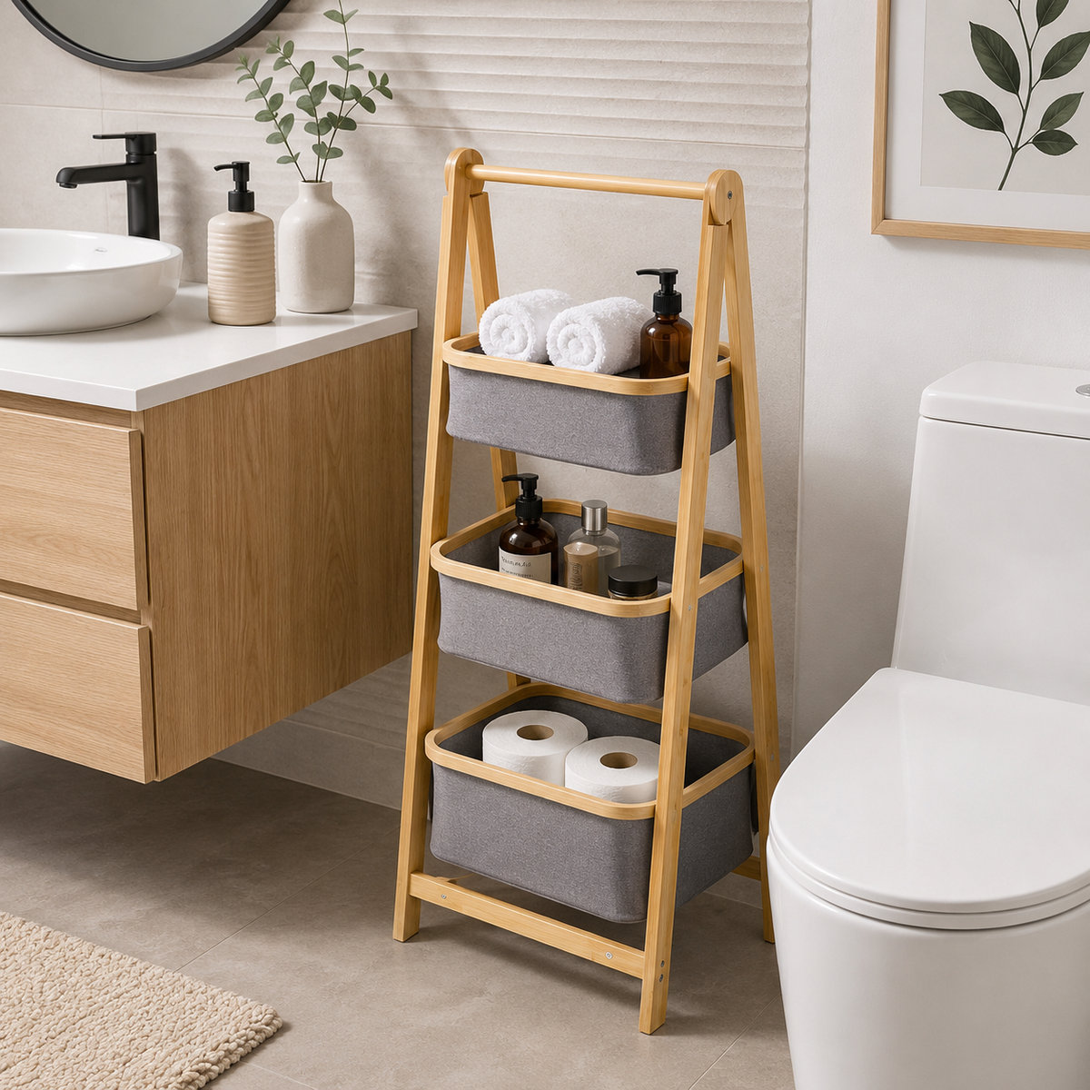 Organizador Madera Con 3 Cestos Color Gris