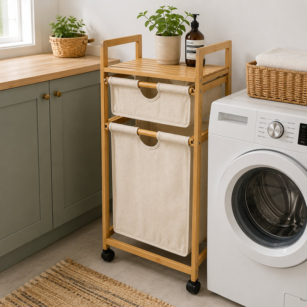 Organizador Madera Con Ruedas Cesto y Cajón