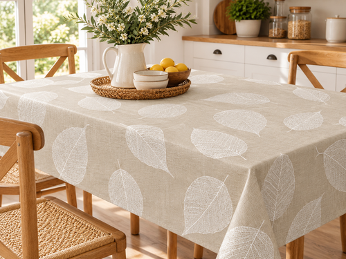 Hule Estampado Hoja Fondo Beige PVC 1.37 Mantel