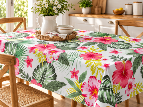 Hule Estampado Ibiscos PVC 1.37 Mantel De Mesa