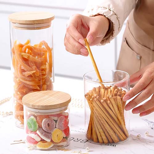 Set De Frascos Vidrio y Bambú 4 Piezas