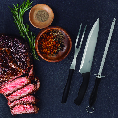 Set Asador 3P Negro Mor Cuchilla Tenedor Chaira