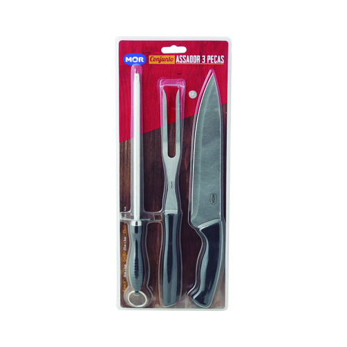 Set Asador 3P Negro Mor Cuchilla Tenedor Chaira